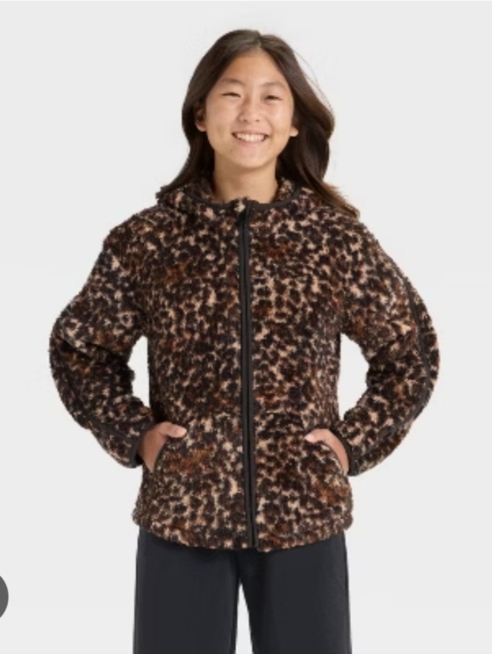 New Girls Leopard-Print Faux-Sherpa Zip Hoodie XS 4/5